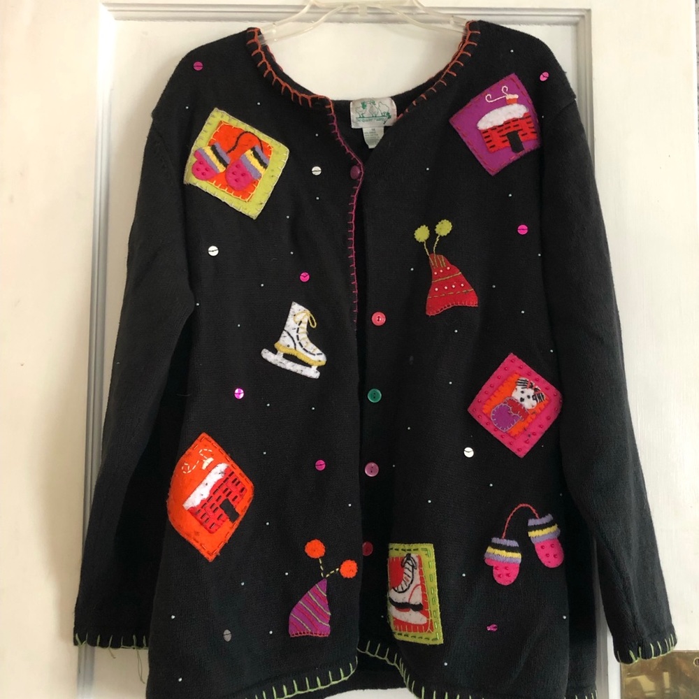 Whimsical Folk-Art Vintage Eclectic Cottagecore Cardigan Ice Skates TLC 80/90s